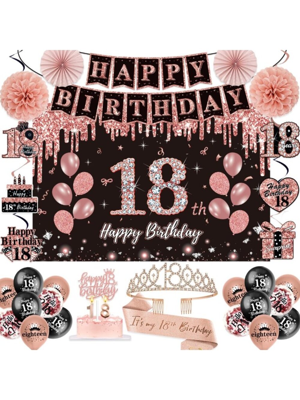 50 Pcs Rose Gold & Black 18th Birthday Decorations Set - Pre-Assembled Party
